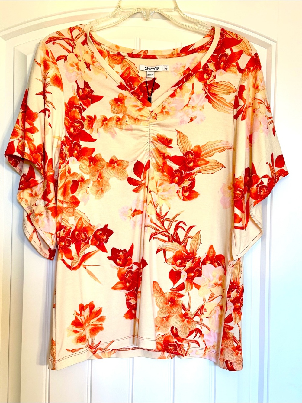 Chico's Cream and Red Floral V-Neck Ruched Tunic